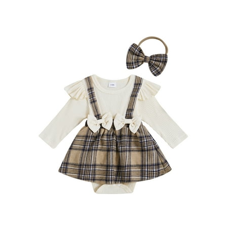 

Shunvnny Baby Girls Autumn Romper Dress Long Sleeve O Neck Plaid Print Bow Romper with Headband