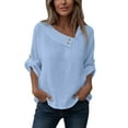 thumbnail image 6 of Olyvenn Women Cotton Linen Tops Causal Summer Shirts Rolled Sleeve Asymmetrical Neck T Shirts Solid Loose Blouses for Daily Sky Blue L, 6 of 9