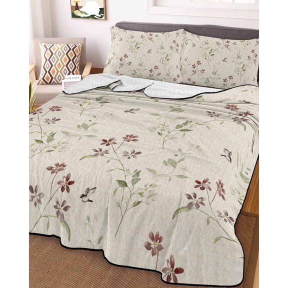 Flower Leaves, Queen Size Down Alternative Comforter, Lightweight Comforter Quilt Bedding Set with Pillow Shams Farmhouse Country Flower Bud Watercolor All Seasons Bed Comforter Duvet Insert 90"x96"