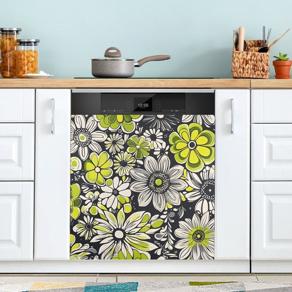 Yayeee Magnetic Dishwasher Cover for The Front Decoration Home Kitchen Machine Sticker Protector, Beige Flower Pattern