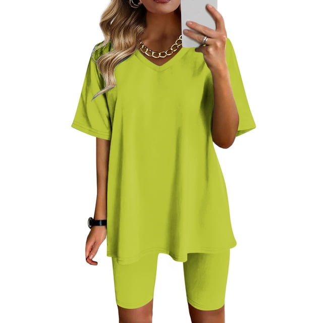 ICHUANYI Clearance Women Fashion V-Neck Solid Color Blouse Short Sleeve Tops Shorts Casual Suit Sets(Green, L) ICHUANYI WER2023080800325