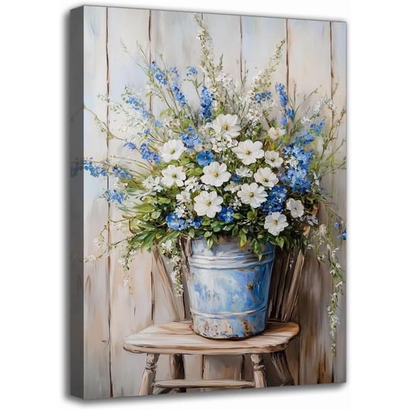 Rustic Floral Canvas Wall Art Print - Framed Blue and White Wildflower Picture on Country Chair Wall Decor for Room, Home Decor for Farmhouse Living Room Bedroom Bathroom (20W X 30L)