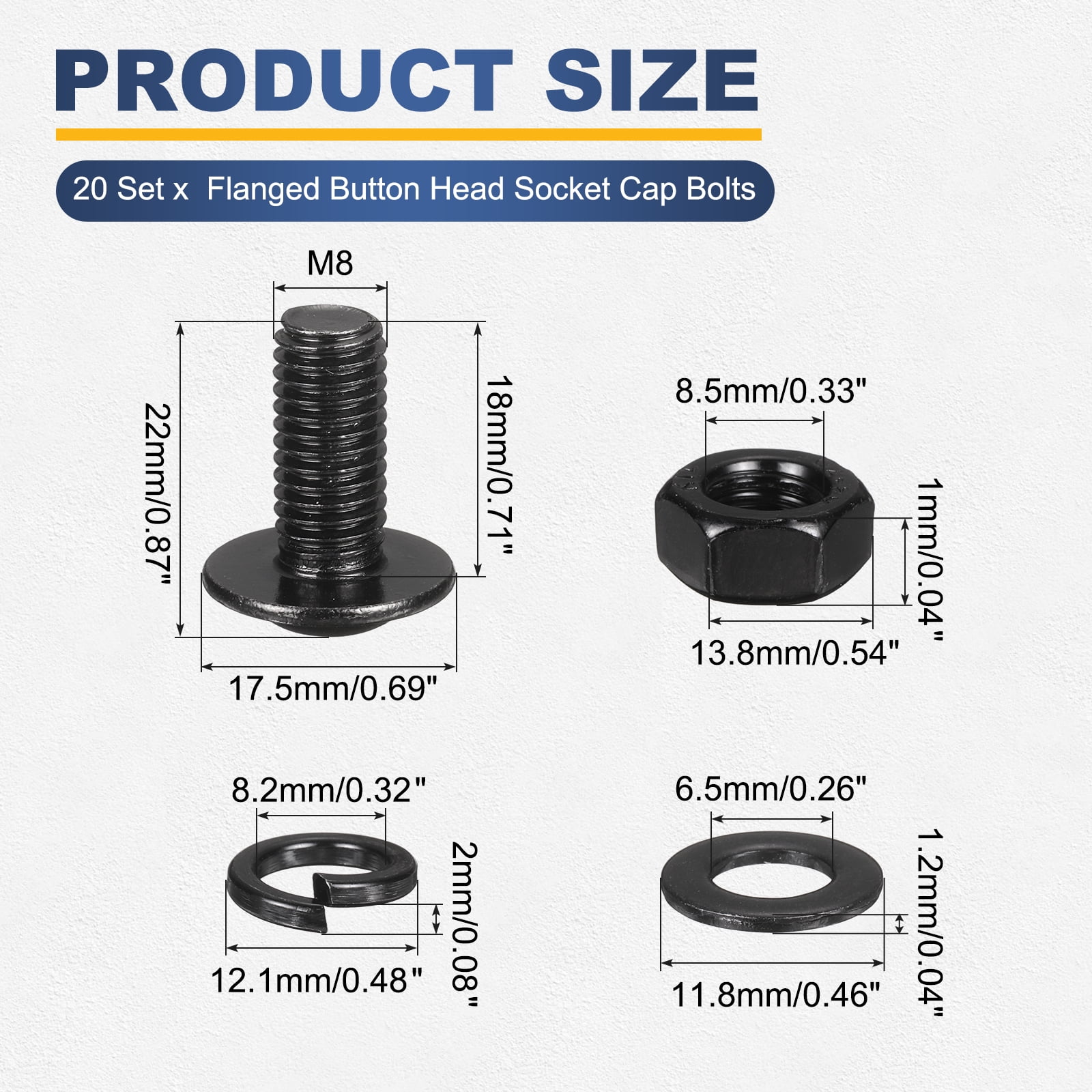 20 Set M8 x 18mm Flanged Button Head Socket Cap Screws, Black 304 Stainless Steel 18-8 Hex Socket Head Screws Bolts, Nuts, Flat & Lock Washers for DIY, Furniture, Automotive