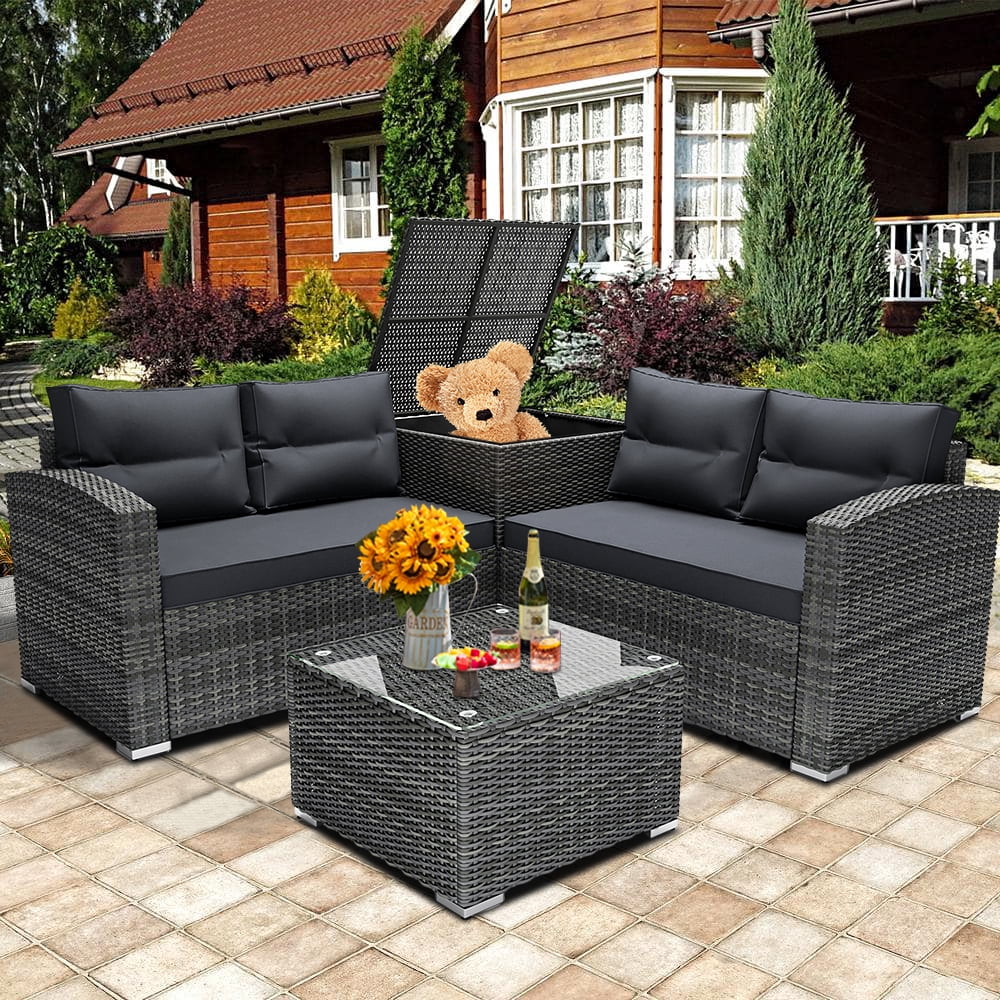 SEGMART 4 Piece Patio Furniture Set, All-Weather Outdoor Sectional Sofa Set, PE Rattan Conversation Set with Storage Box, Table & Cushions, Wicker Furniture Couch Set for Patio Deck Garden