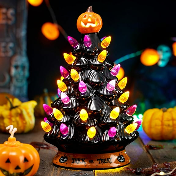 Joyfy 8.5 Inch Halloween Ceramic Tree Black Christmas Tree with Orange Pumpkin Over Multicolor Bulbs LED Light Up Battery Operated Light Up Halloween Decorations for Indoor Party Decor Gifts
