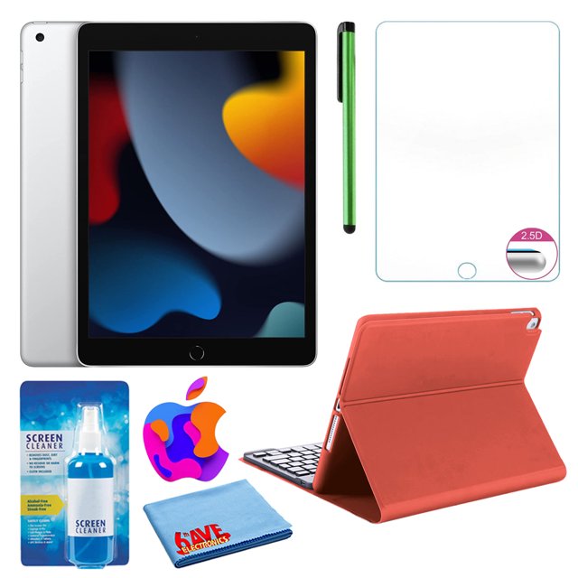 Paquete Apple iPad de 10,2" (2021, 256 GB, Wi-Fi + Cellular, plateado) (MK6A3LL/A) con funda con teclado rojo y protector de pantalla