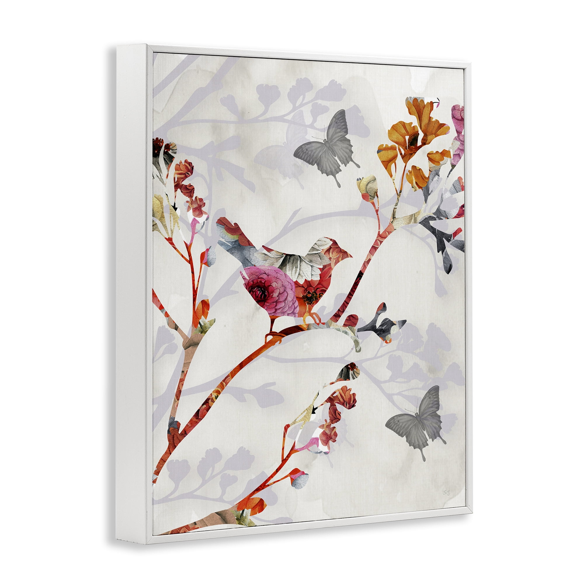 Stupell Industries Birds & Butterflies Nature Landscape Painting White Framed Art Print Wall Art, 11 x 14