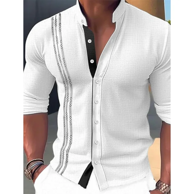 Camisa de playa informal con botones para hombre, de color rosa, azul y verde, de manga larga a rayas, cuello alto, ropa hawaiana Vaion, blusa estampada