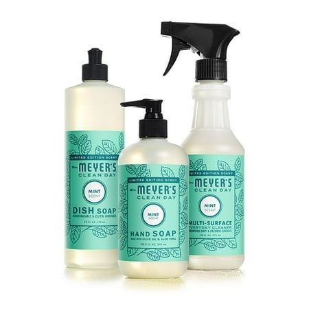 Mrs Meyers Mint Kitchen Basics Bundle: 3 Items - (1) Dish Soap, (1) Hand Soap, (1) Everyday Cleaner Packaging May Vary