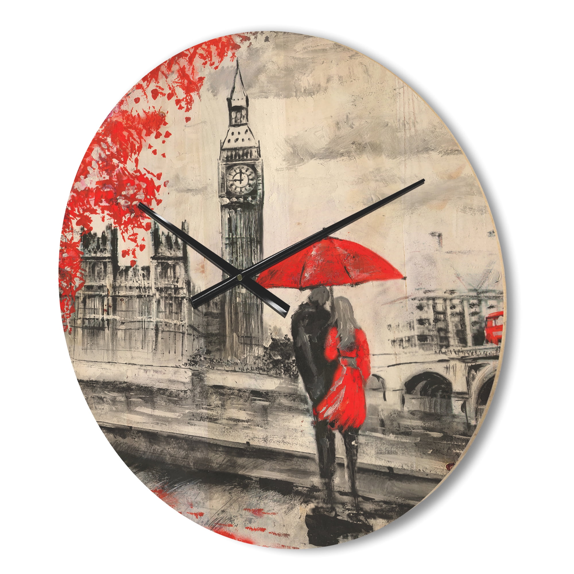 Designart 'Couples Holding Umbrella Walking in Paris II' Modern Wood Wall Clock
