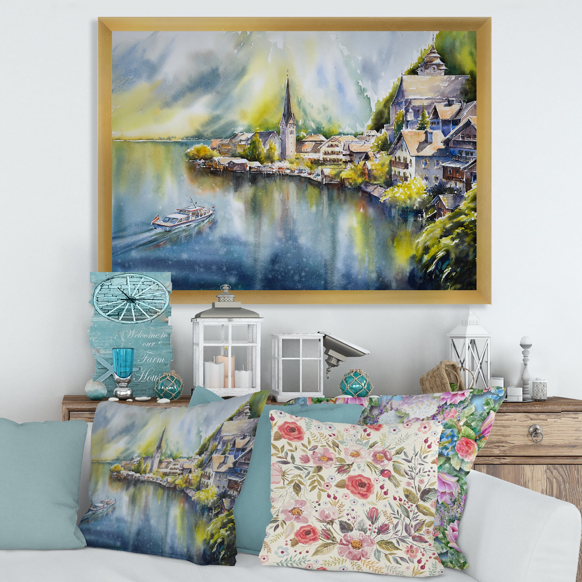 Designart 'The River In Austria Through Mountain Village' Nautical & Coastal Framed Art Print