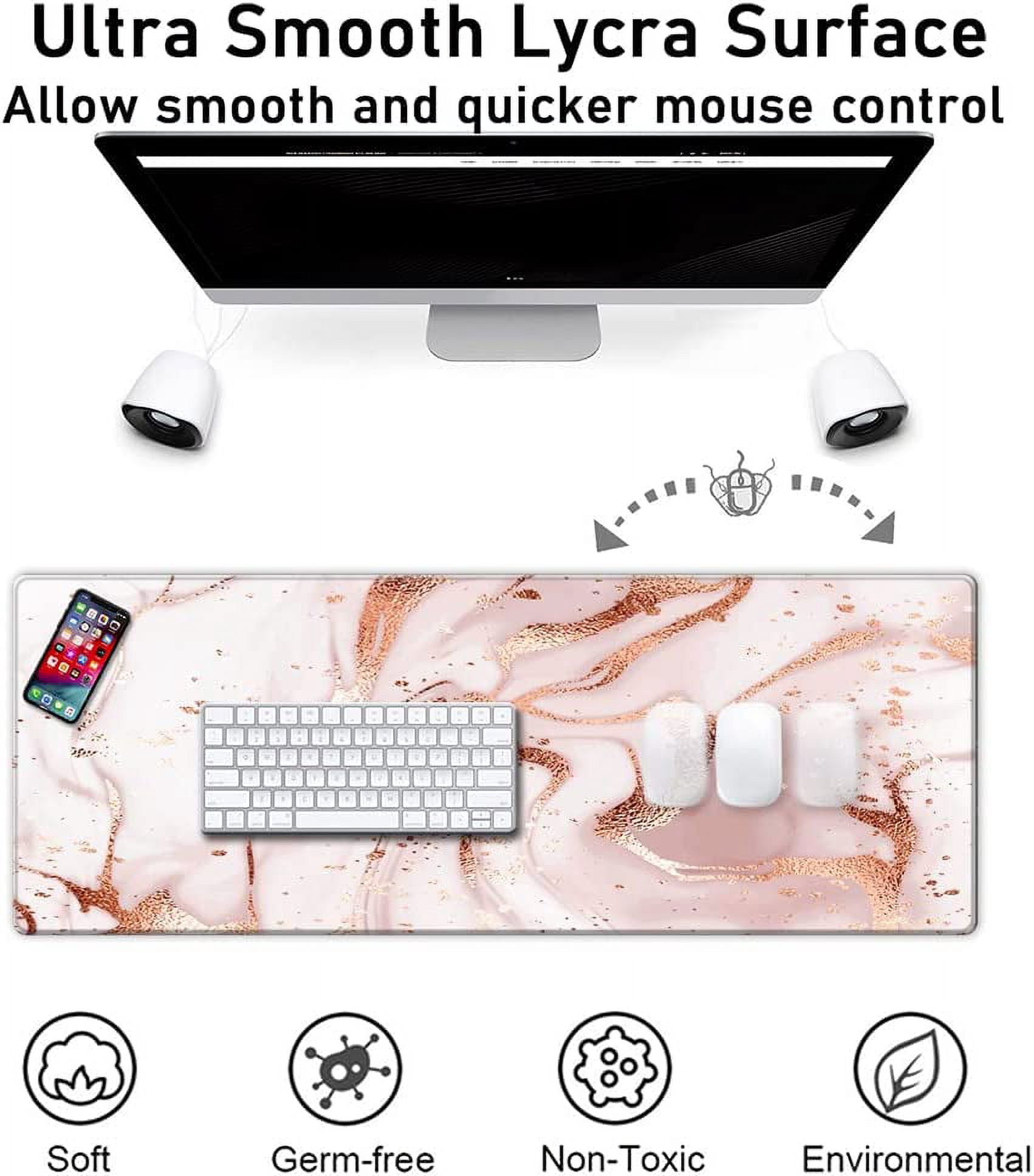 Desk Pad Protector,Mouse Pad with Non-Slip Rubber Base,Textured & Waterproof Mousepad with Stitched Edges,Large Desk mats for Computers,Office & Home,31.5 x 11.8 in,Rose Gold Marble