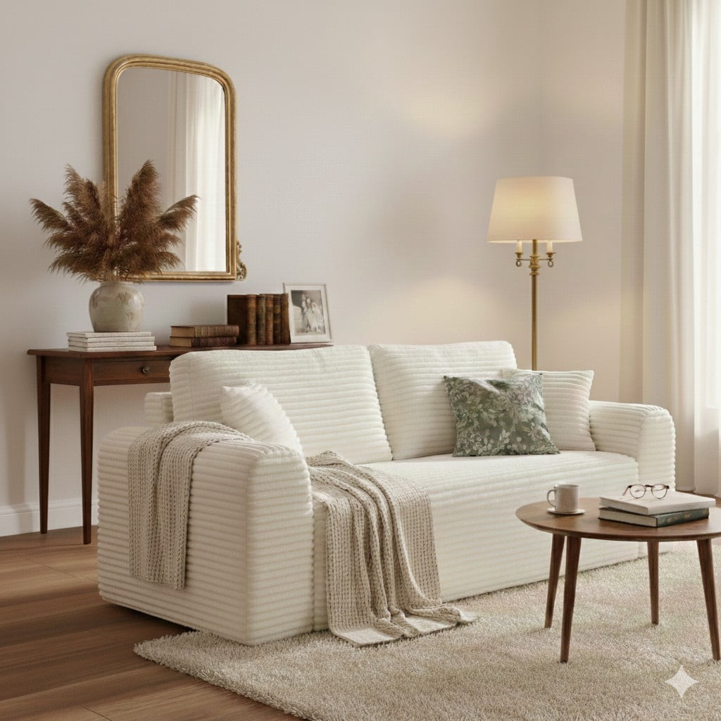 Aukfa 3 Seater Cloud Couch, 86.6" Corduroy Boneless Sofa, 26.4" Deep Seat, Compressed Sofa with Pillows for Living Room, Bedroom, Apartment, White