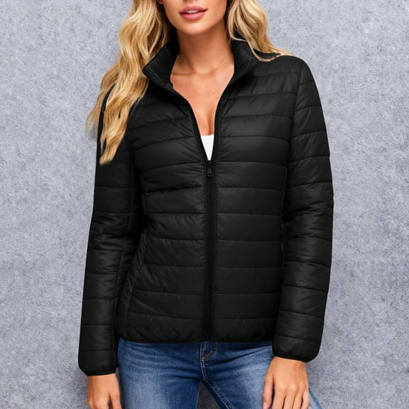 BXJX Women's Stand Collar Puffer Jacket- Collarless Warm Winter Fashion Casual Zip-Up Coat with Pockets Black Size 2XL