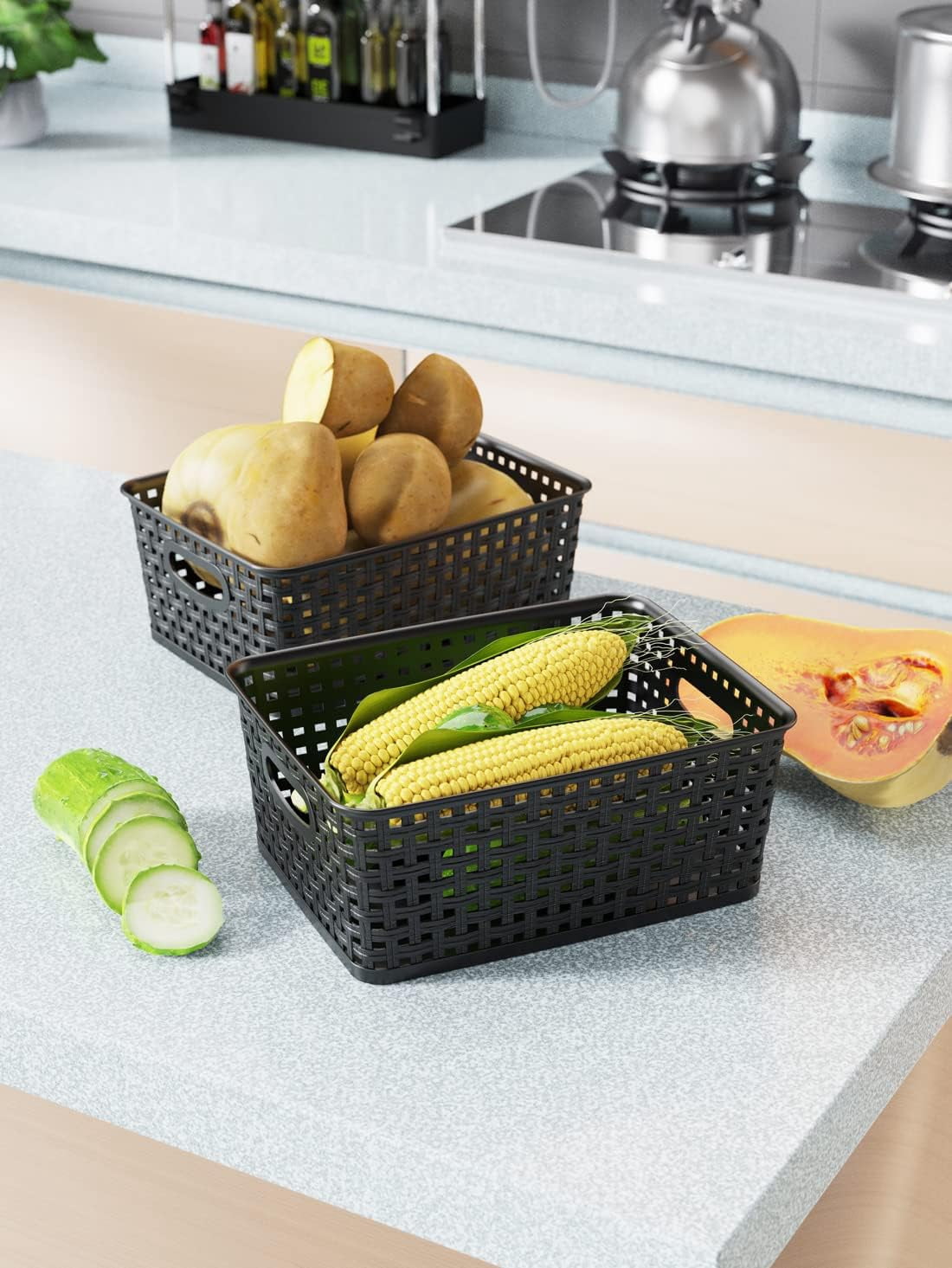 12-Pack Black Woven Plastic Storage Basket – Stackable Organizer (10.1”L x 7.6”W x 4.1”H)