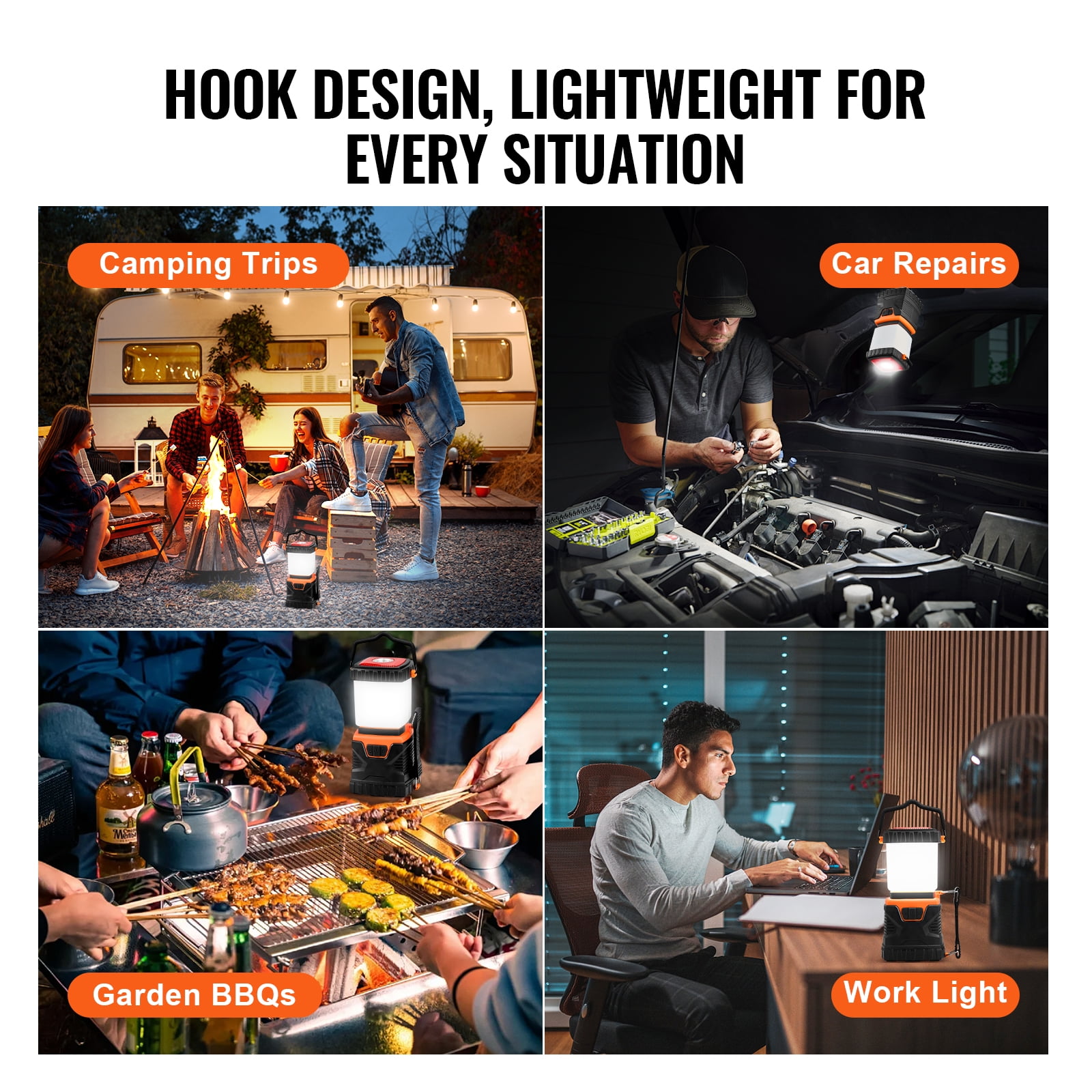 VEVOR LED Camping Lantern, All-in-one, 1000LM, 360° Illumination, 4 Lighting Modes, Battery Powered Light, Outdoor Robust Flashlight, Built to Last Light, Ideal for Hiking Fishing Outages Repairs