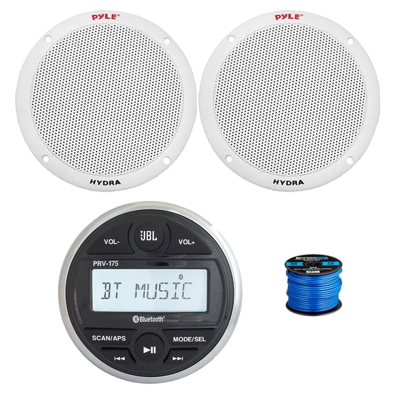 JBL PRV-175 Marine Gauge Mount USB Bluetooth AM/FM Digital Stereo Receiver, 2x 6.5" 400 Watt 2-Way Dual Cone Full Range Audio Speakers (White) w/ Wire