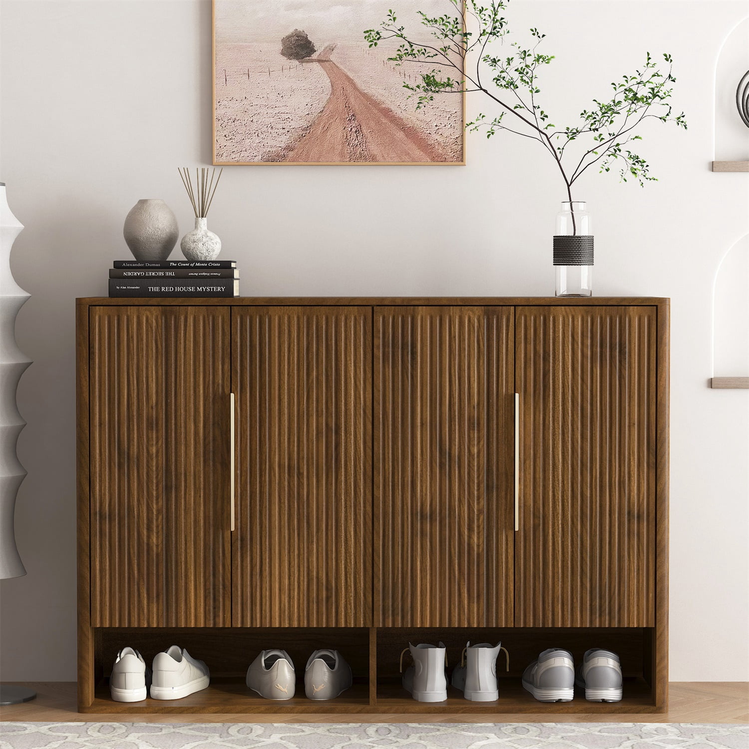 Hommoo Shoe Cabinet with 4 Doors &Adjustable Shelves, Modern Shoe Storage Organizer Cabinet, Shoe Rack Cabinet for Entryway Living room, Bedroom, Walnut