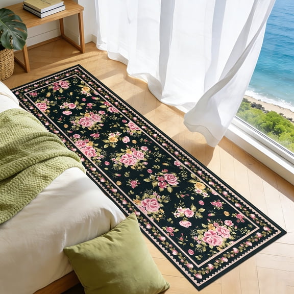 GlowSol 2x6 Black Washable Floral Runner Rug, Non Slip Low Pile Rug for Hallway Kitchen Bedroom