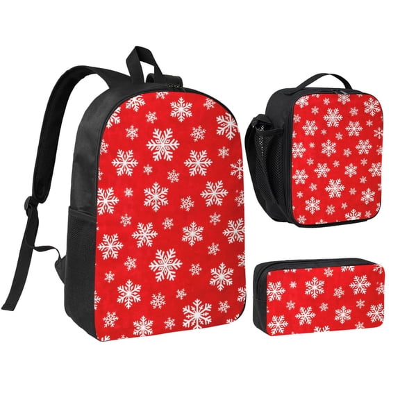Christmas Red White Snowflake Backpack Set 3pc ,Backpack with Lunch Bag and Bag 17 Inch