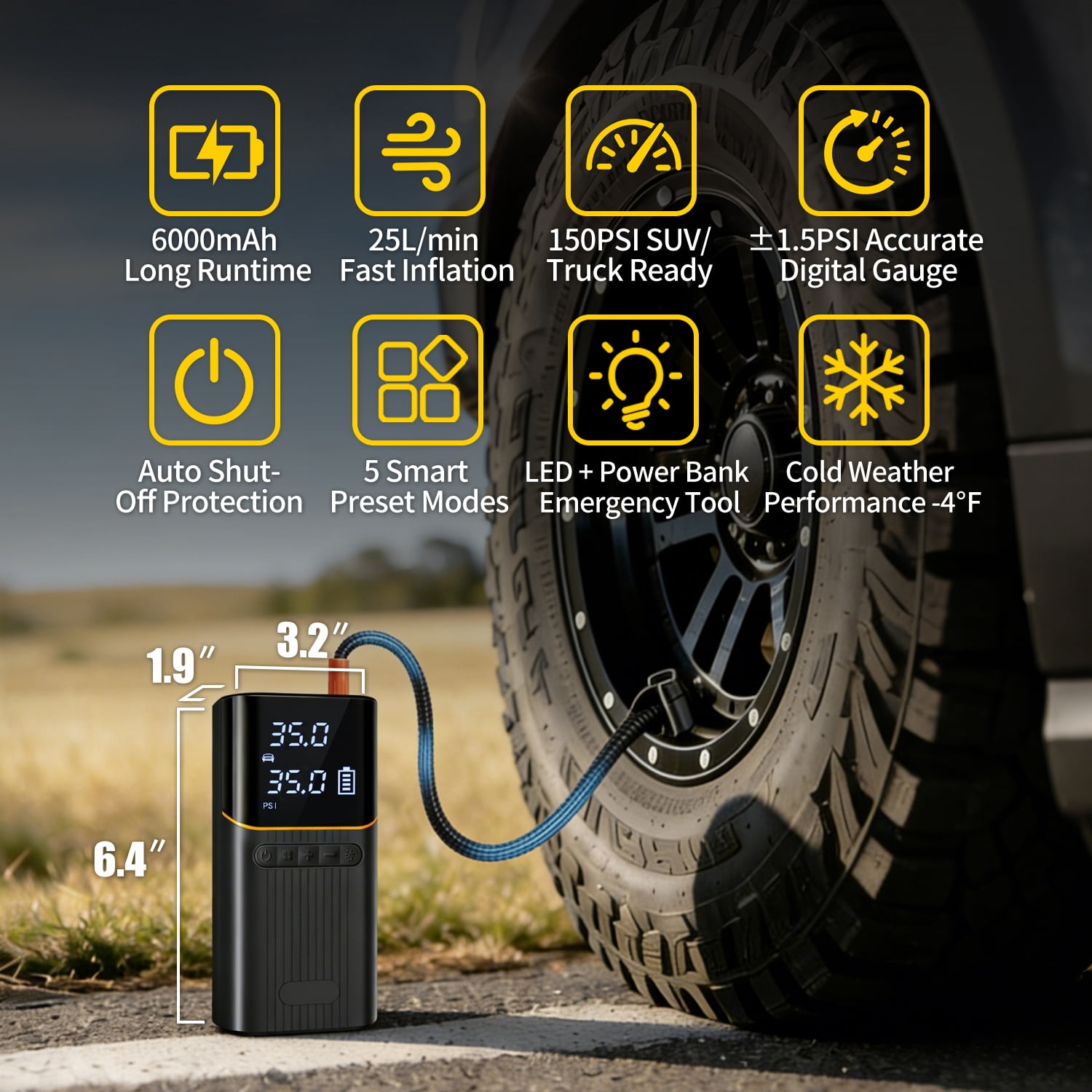 Askmuse Tire Inflator Portable Air Compressor Car Accessories, 150PSI Fast Inflation Cordless Air Pump with Digital Auto Shut-Off, LED Light, for Car Tires, Bike, Ball, Inflatables, Travel Emergency