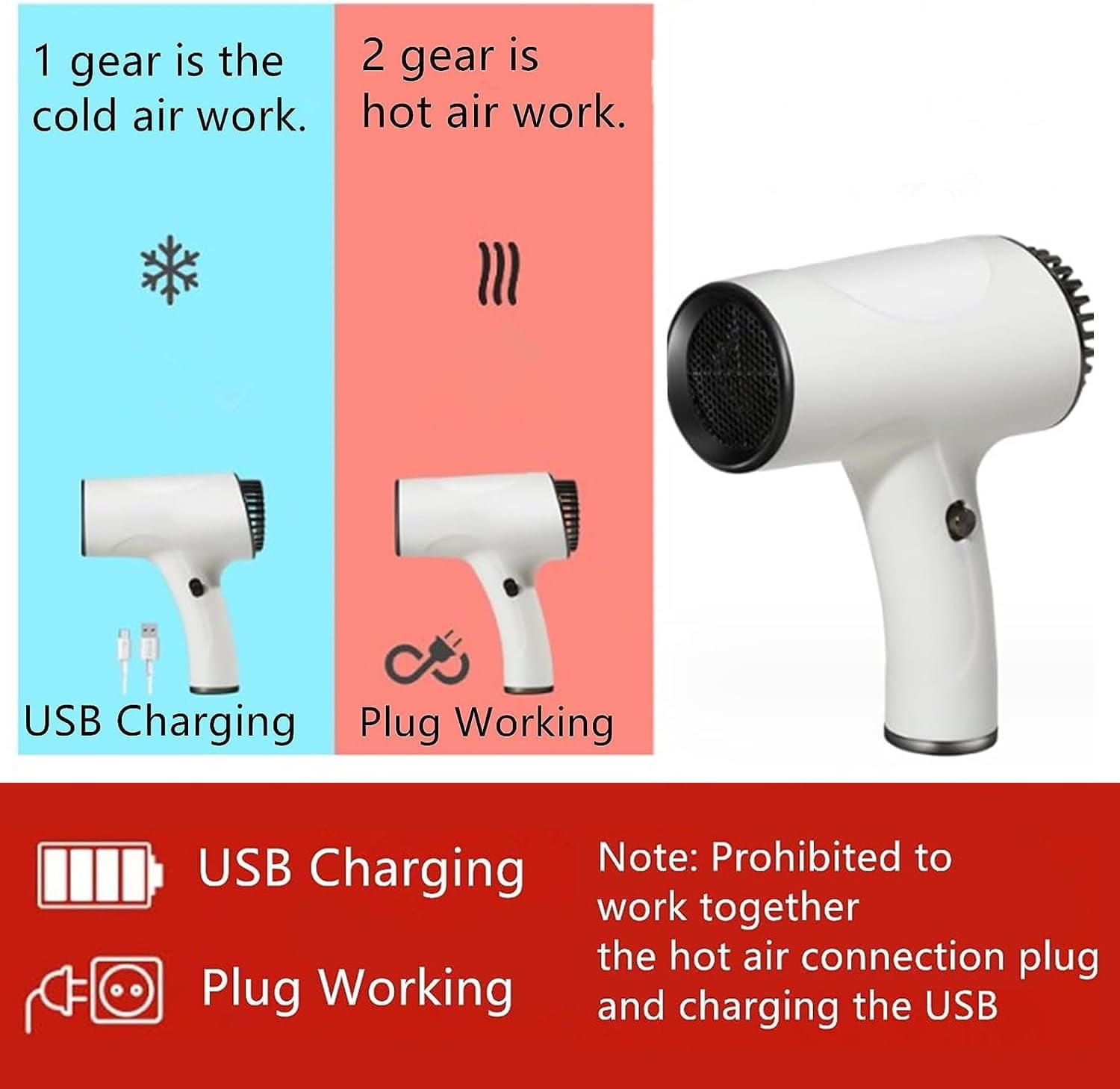 USB Cordless Hair Dryer, Lightweight Mini Blows Dryer, Built-in Battery Cordless Hair Dryers Hot/Cold Air, Portable Travel Blow Dryer for Art Painting,White