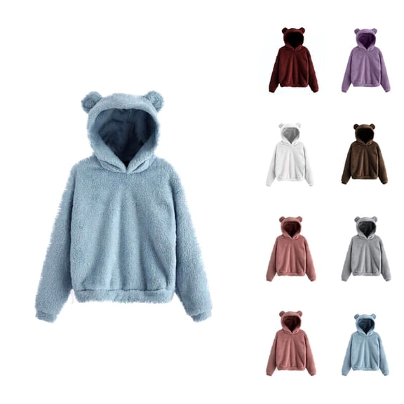 Cute Bear Ears Hoodie for Women 2026 Long Sleeve Cute Solid Color Hooded Sweatshirt Pullover Top Loungewear