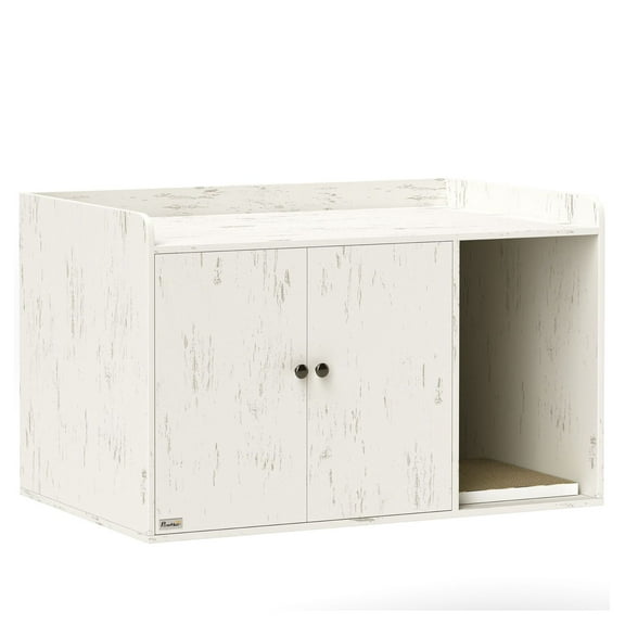 Cat Litter Box Enclosure Furniture, 32" Hidden Litter Box Cabinet with Scratching Mat & Cat Entrance, Distressed White, Fits Most Litter Boxes