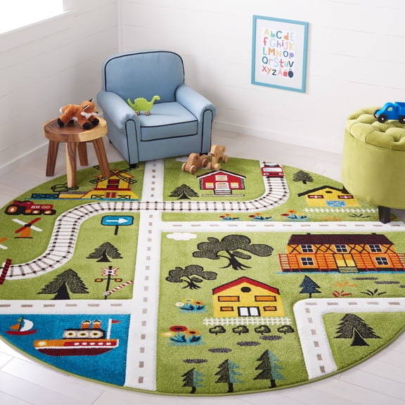 SAFAVIEH Carousel Kids Railroad Town Area Rug, Green/Beige, 6'7" x 6'7" Round