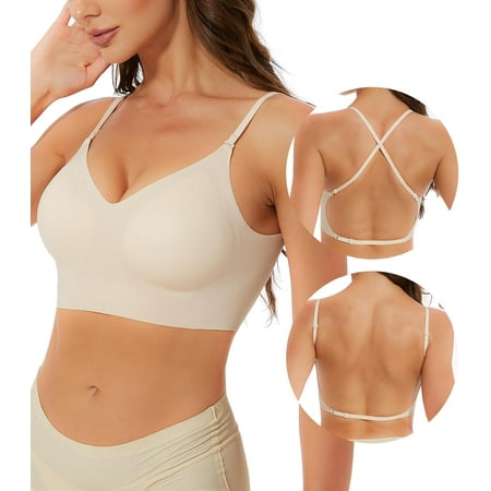 Seamless Low Back Bra Wireless Padded Bralette Thin Straps Comfort Halter Backless Cross Multiway Convertible Bras