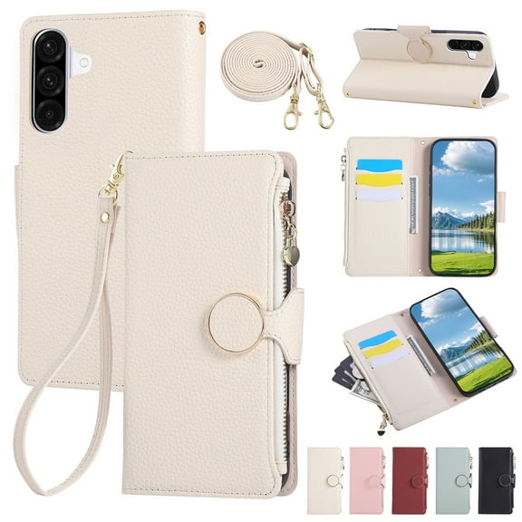 Decase PU Leather Wallet Case Compatible with Samsung Galaxy A16 5G with Card Slots and Zipper Pocket,Shockproof Flip Cover with Kickstand,Magnetic Closure,Wrist & Shoulder Strap,Slim Back Cover,Beige