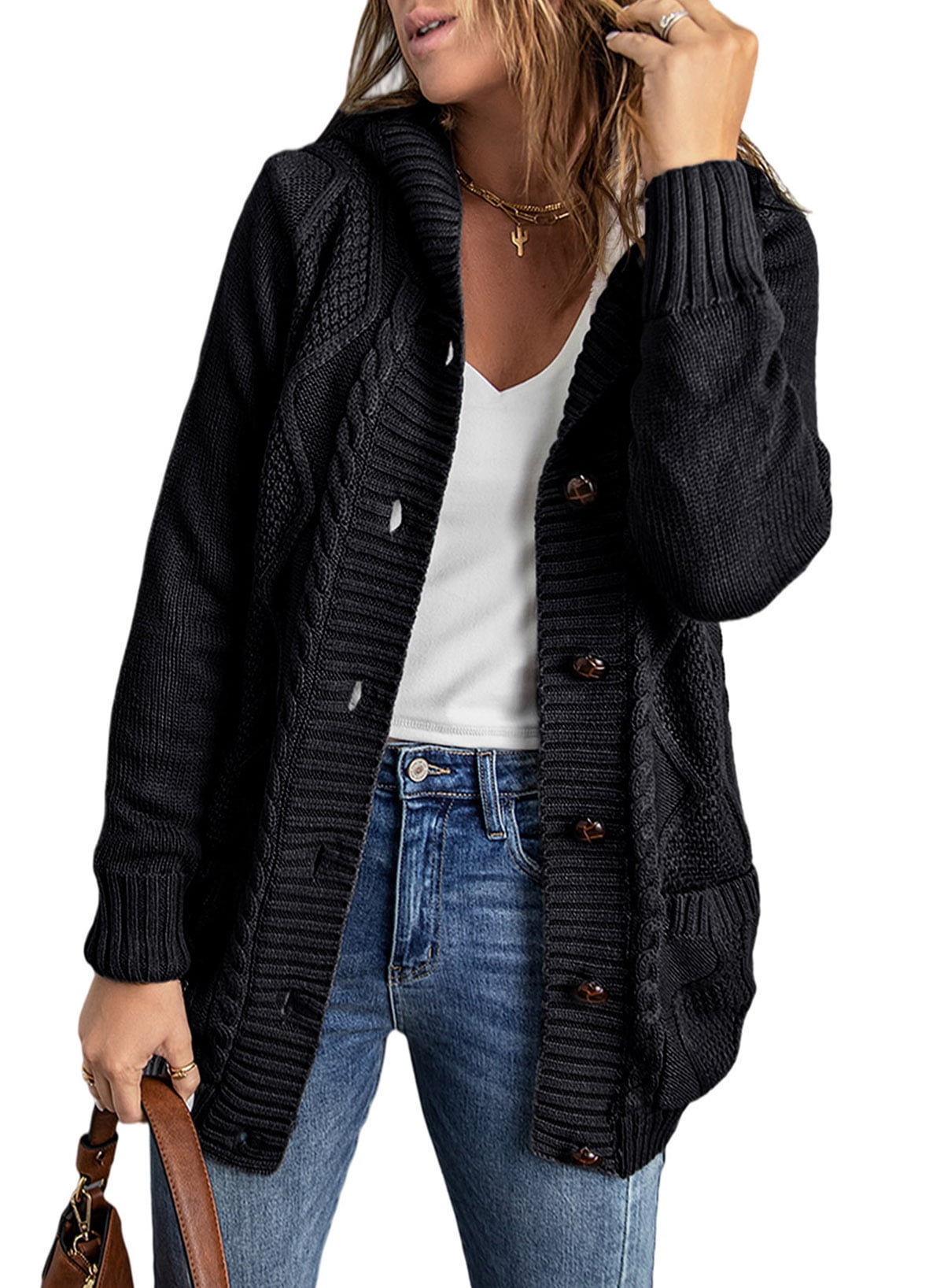 Rosfancy Women Hooded Fleece Lined Cardigan Sweater Button Down Knit