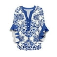 thumbnail image 5 of TQWQT Blouses for Women Ruffle 3/4 Length Sleeve Button Up Vneck Blouse Boho Cute Shirt Dressy Casual Tunic Top Beach Vacation Clothes Royal Blue S, 5 of 5