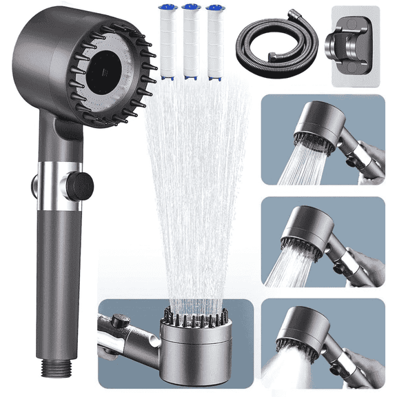 Ion Drops Filtered Shower Head with Handheld, High Pressure Multiple Spray Modes Shower Head with Filter, Power Wash for Hard Water, Showerhead with ON/OFF Switch for Pets Bath,Grey