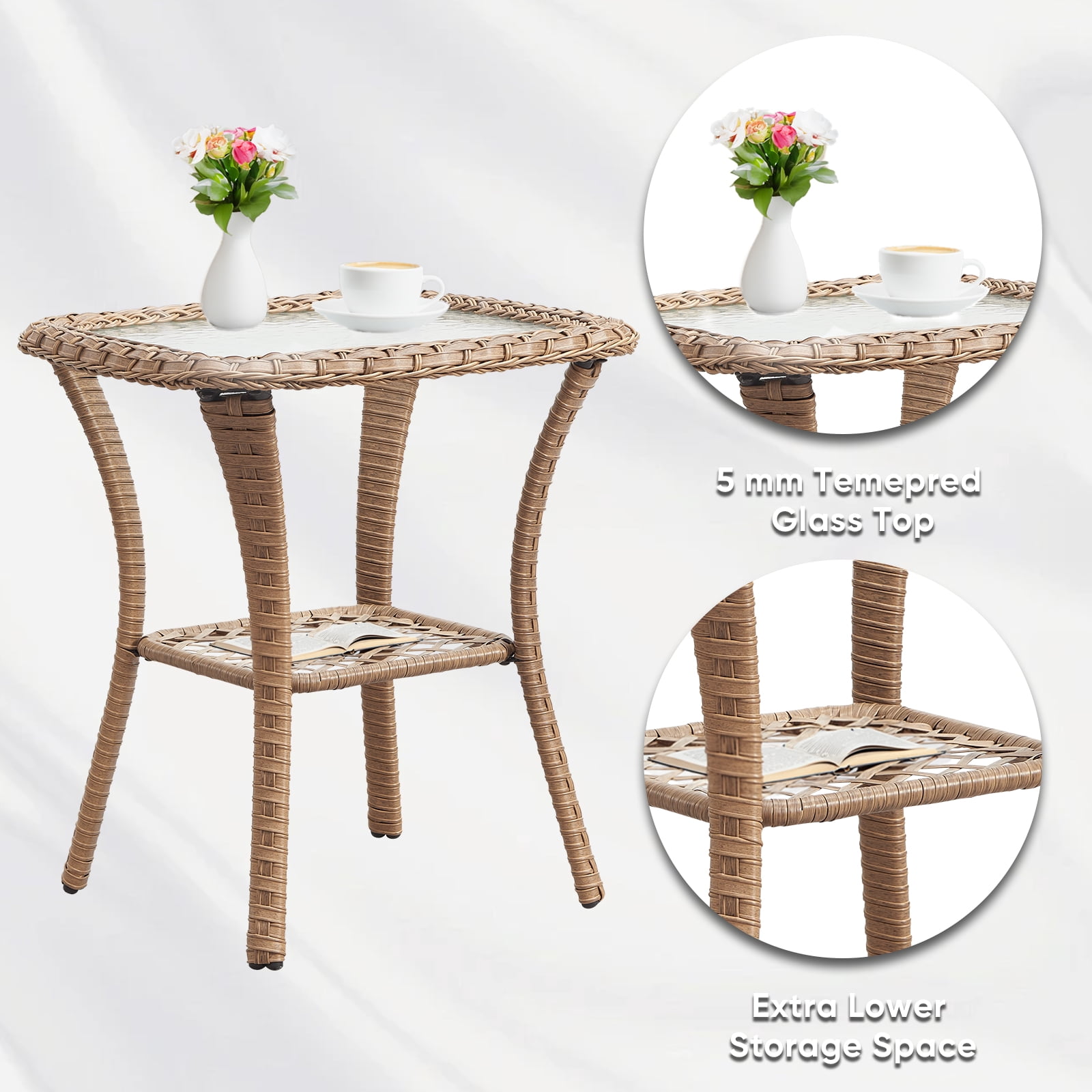 PARKWELL Outdoor Patio Side Table Square Wicker End Table with Glass Top, Yellow