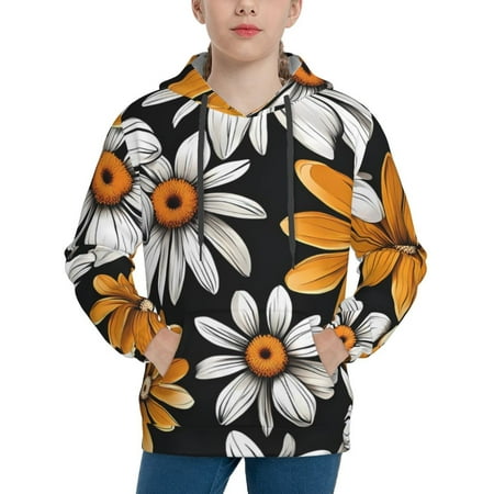 Qekee Yellow White Daisy Pattern for Youth Hoodies Sweatshirt Boys and Grils Hoodies Pullover Hoodie-Small