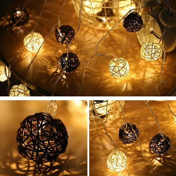 Cadena de luces LED decorativas de ratán para dormitorio de niña, estilo navideño, para boda, bolas redondas tejidas, luces decorativas LED de 9,84 pies, 20 luces, cadena de luces de plástico USB