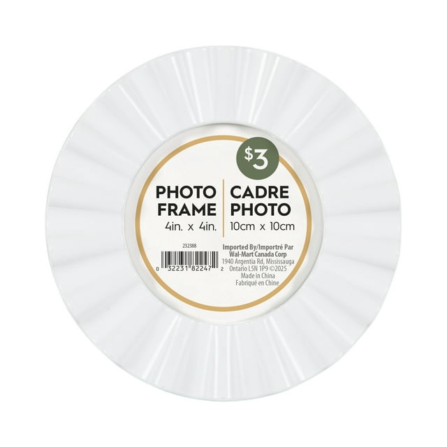 Frilly white 4x4 inch decorative tabletop picture frame with a $3 price label.