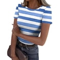 thumbnail image 2 of Dwralegc Women's Casual Short Sleeve T Shirts Casual Slim Fit Striped Graphic Crew Neck Shirts Basic Trendy Ribbed Blouse Fitted Summer Shirt Blue 2XL, 2 of 5