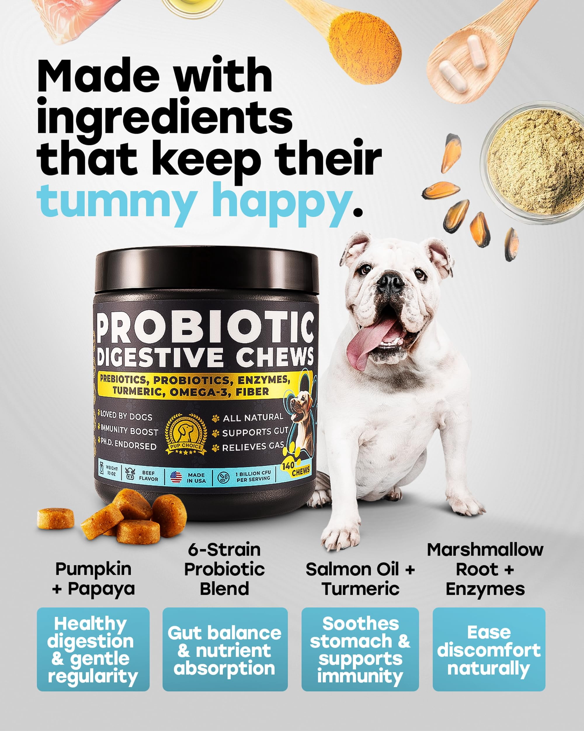 Pup Choice Probiotics for Dogs with Digestive Enzymes, Prebiotics, Fiber & Omega-3 – Gut Health & Digestion Support, Beef Flavor Soft Chews, 140 Count