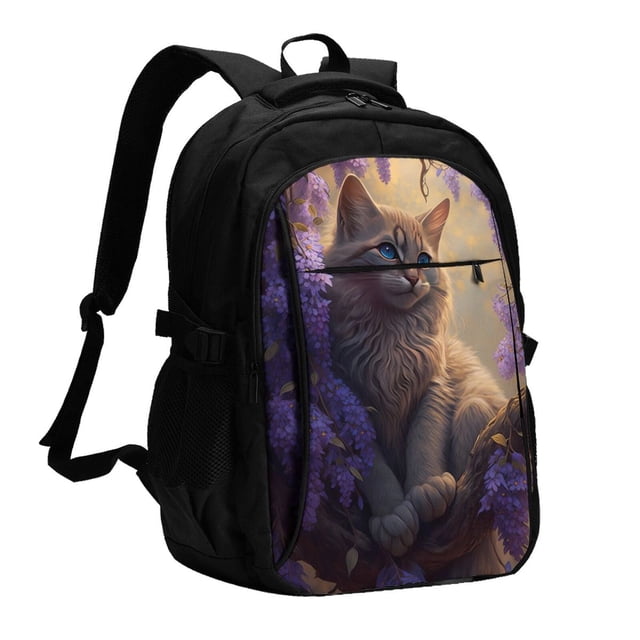 Fotbe Purple Flower Lazy Cat Mochila con Estampado y Puerto USB para Hombre y Mujer, Mochila Antirrobo, Mochila de Viaje, Mochila Escolar, Mochila Universitaria