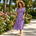 thumbnail image 5 of Boho Dresses for Women A-Line Midi Short Sleeve V-Neck Wrap Spring Dresses Casual Summer Beach Vacation Dress, 5 of 7
