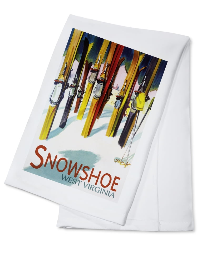 Snowshoe, West Virginia Colorful Skis Lantern Press Artwork (100% Cotton Kitchen Towel) by Lantern Press