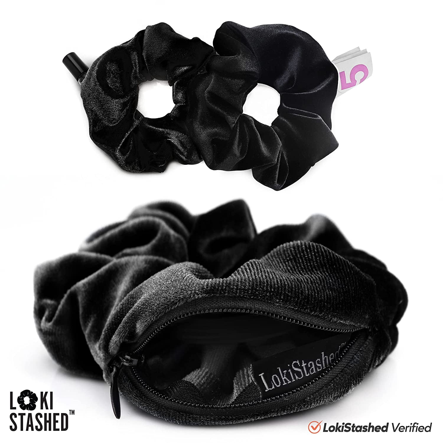3-PACK Velvet Hair Tie Scrunchies for VSCO Girls & Women, THE ORIGINAL HIDDEN POCKET SCRUNCHIE with Zipper Pocket Storage, Accessories, Small Items, Keys, Money (Triple Black Set)