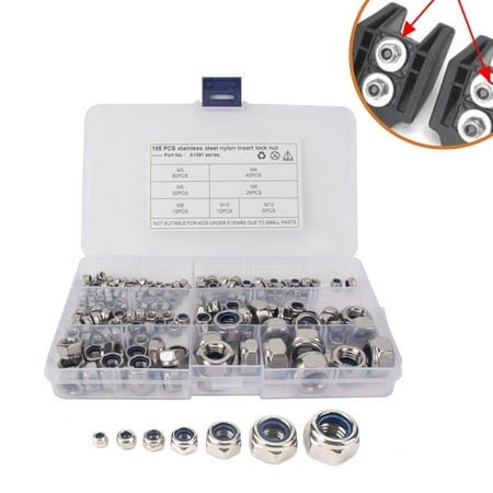 

185PCS Stainless Steel Lock Nut Assortment Kit Lock Nut Set Durable Nylon Insert Hex Nut Set