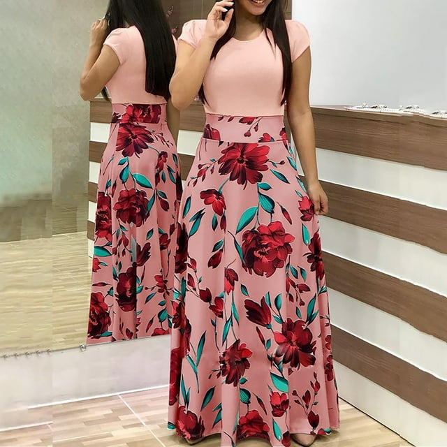 CEHVOM Robe Longue Boho à Imprimé Floral à Manches Courtes pour Femmes, Robe Décontractée pour Dames