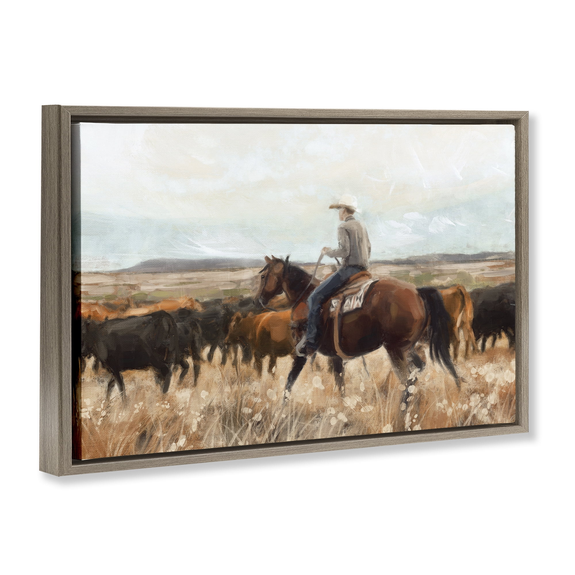 Stupell Industries Cowboy On The Range Landscape & Nature Painting Brown Floater Framed Canvas Art Print Wall Art, 31 x 21