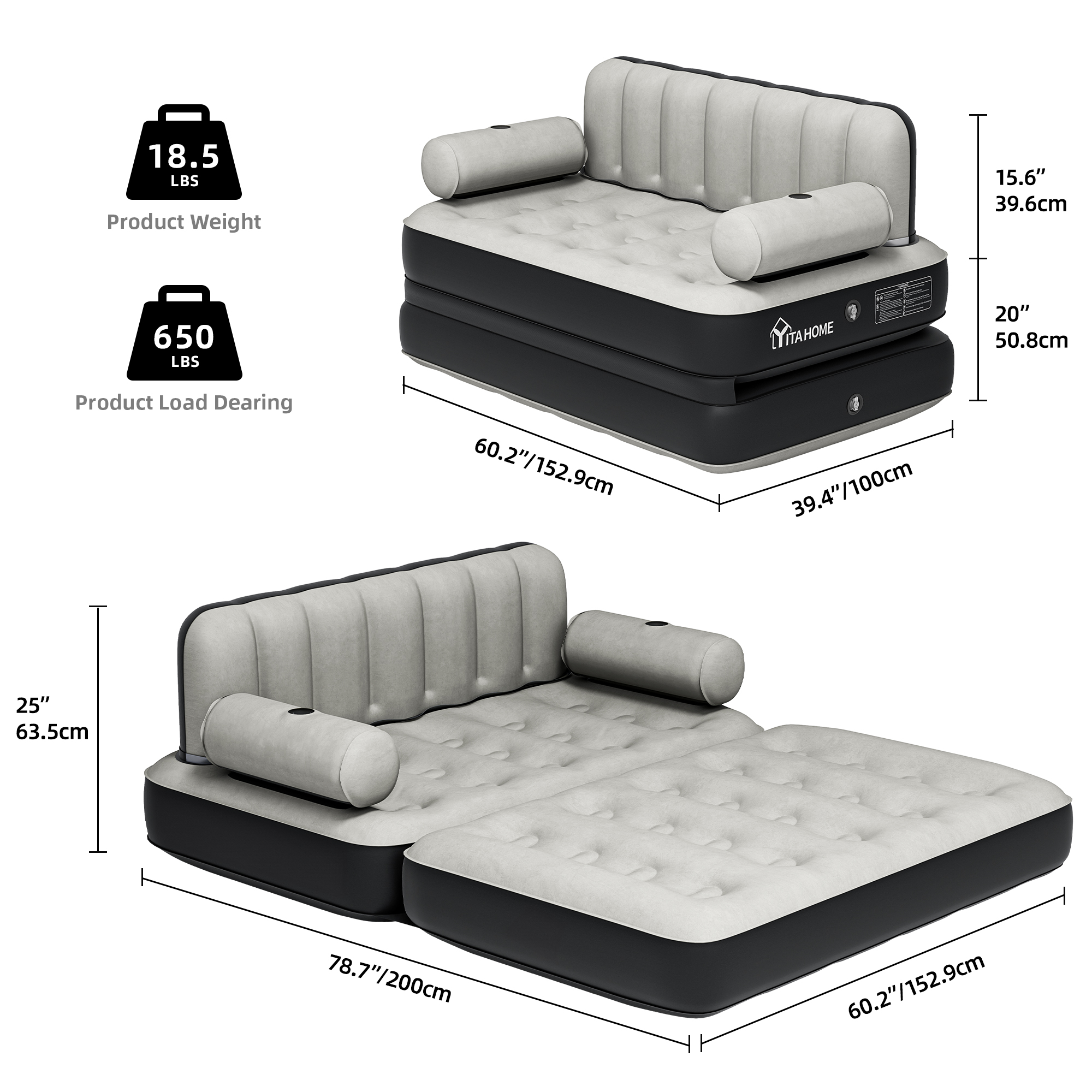 Dextrus Queen Size Air Mattress with Built-in Air Pump, Black Bed Skirt & Gray Top Includes Repair Kit & Storage Bag, Supports Inflation/Deflation
