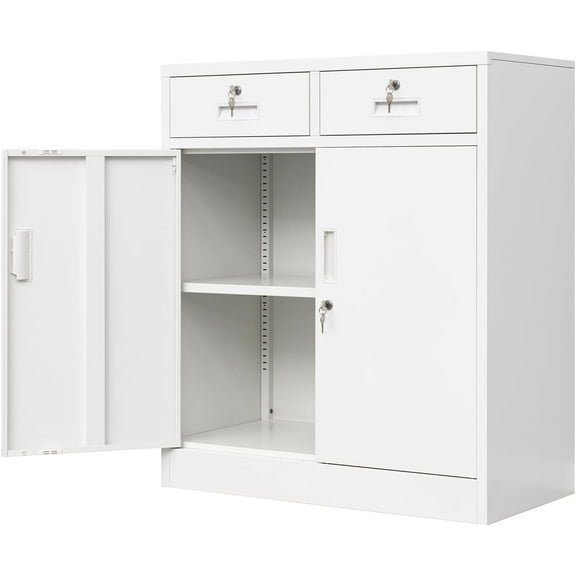 Metal Storage Cabinet, Locking Storage Cabinet with Adjustable Shelf, 36" H Metal Cabinets with 2 Drawers for Office, Garage, Home-White