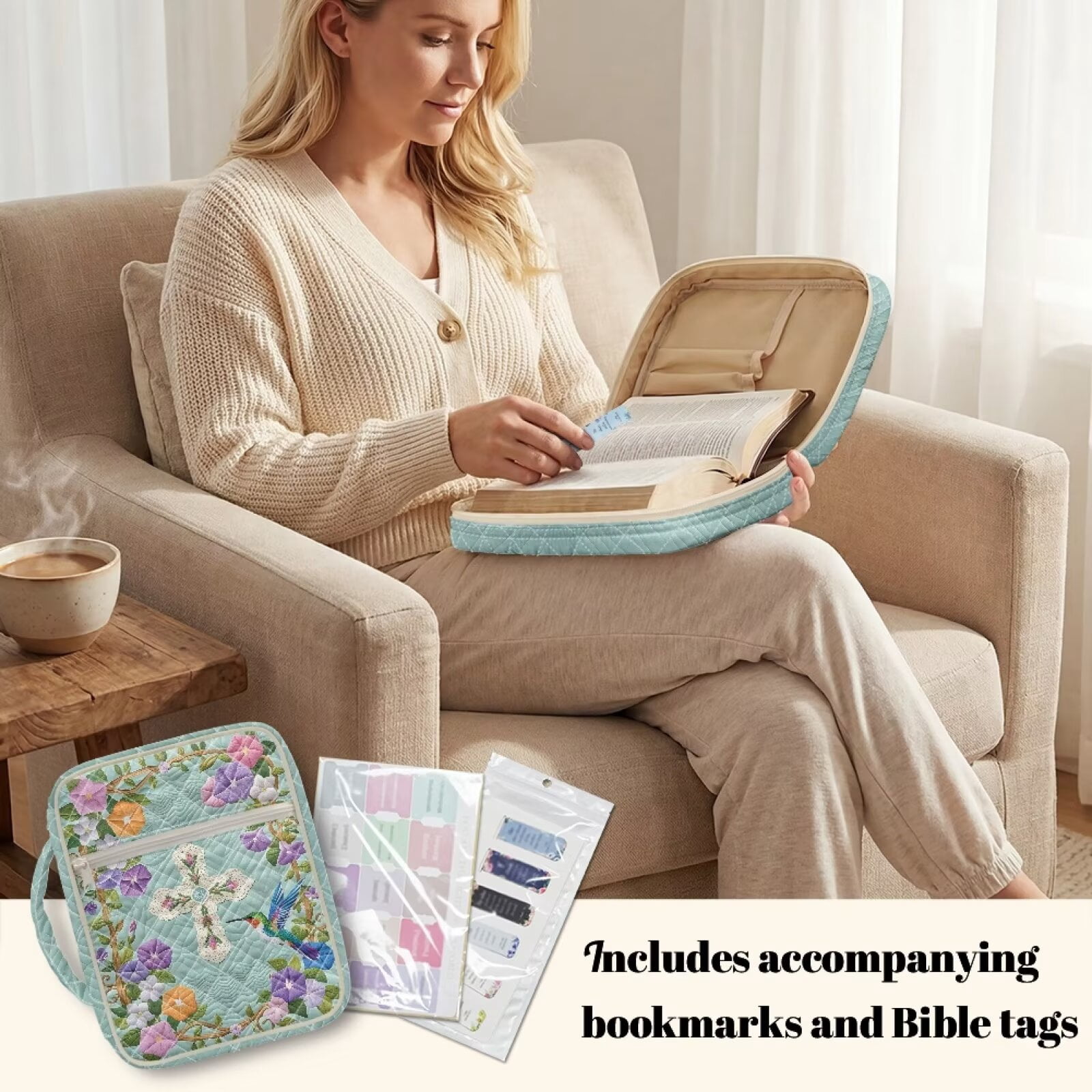 Pzuqiu Colorful Floral Cross Large Quilted Bible Cover Vintage Standard Size Book Cover with Handle and Pockets Carrying Cases Book Protector for Church, Study & Travel